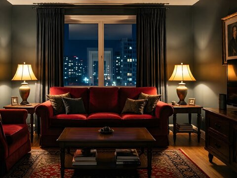 Elegant living room interior featuring a comfortable red velvet couch wooden coffee table glowing lamps and a night view of the city skyline through the window