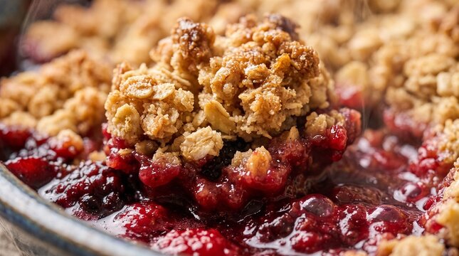 Freshly baked berry crumble crisp dessert with oat topping in baking dish