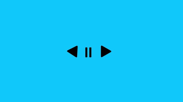 Minimalist media player control interface animation with play, pause, and rewind on blue background, play button
