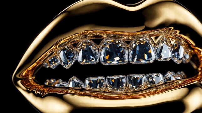 Glamorous gold lips showing sparkling diamond teeth. Luxury dental implants sparkle with precious gems. Mouth flashes jewels with opulent smile.
