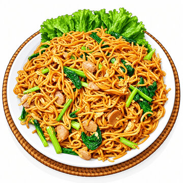Fried noodles mie goreng with vegetables and chili pepper illustration