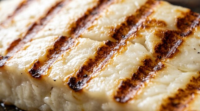 Grilled white fish fillet with char marks close up view