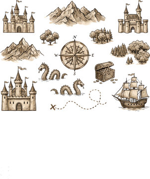 Vintage fantasy map elements vector set, hand drawn medieval castle and pirate ship icons, antique treasure hunt graphics
