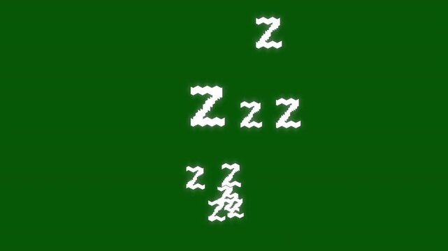 Sleeping zzz icon animation on a green screen background, cartoon style, symbolizing dreams, rest, and relaxation, smooth looping motion graphic for night and rest concept, 4K animation videos