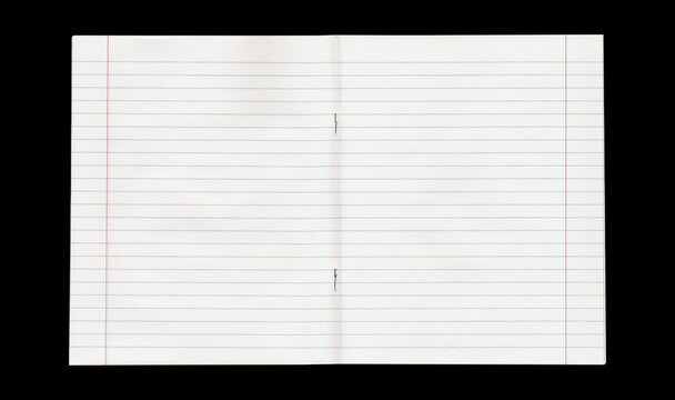 Open ruled notebook spread with two white lined pages, evenly spaced horizontal lines, narrow red vertical margins, a faint center seam, and flat paper surfaces on black background