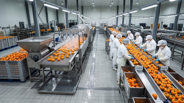 Food processing factory with workers inspecting fresh fruit on assembly lines