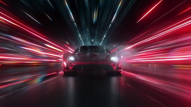 Close-up of the headlights of a red sports car racing at high speed on neon highway. Power acceleration on a night track with colorful neon lights and lines