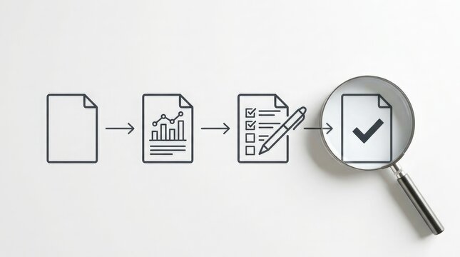 Workflow process icons depicting document review and approval line style