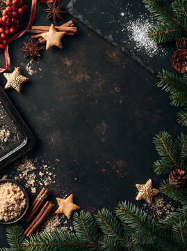Dark Christmas baking background with star cookies and cinnamon