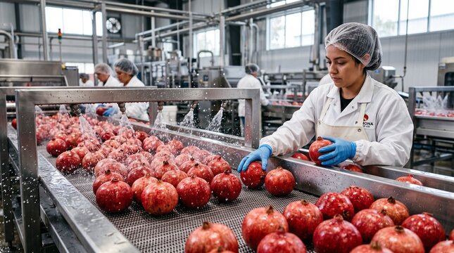 Industrial food processing worker inspecting fresh pomegranates on a conveyor belt in a modern packaging factory