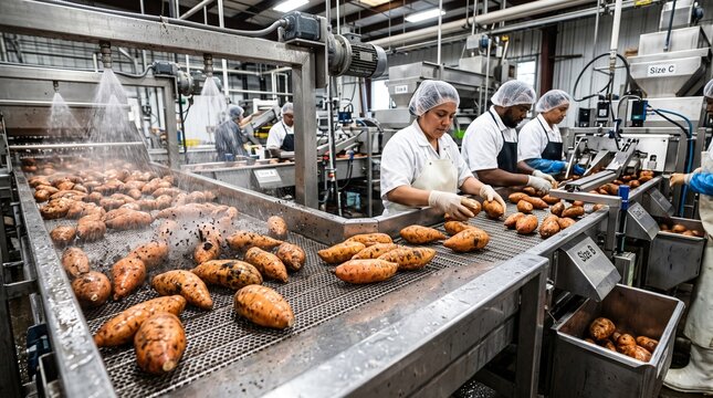 Factory Workers Sorting Fresh Sweet Potatoes on Conveyor Belt in Agricultural Food Processing Facility