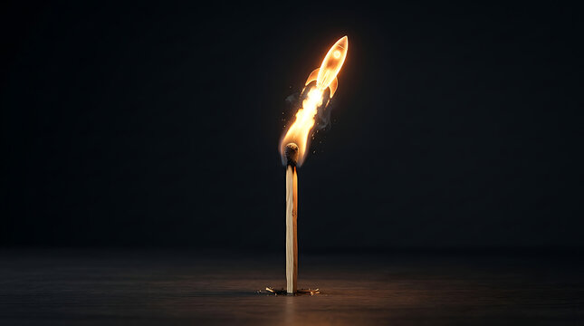 Burning matchstick with flame shaped like a rocket launch on black background