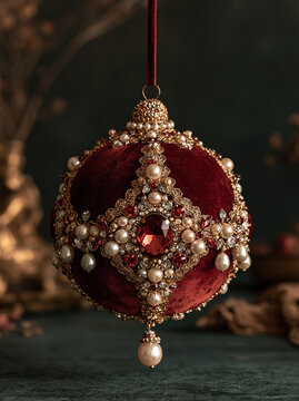Luxurious burgundy velvet ornament pearl jewel velvet burgundy ornament pearl jewel Christmas decoration