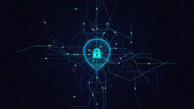 Digital shield icon protecting data network structure in dark blue cyberspace background.