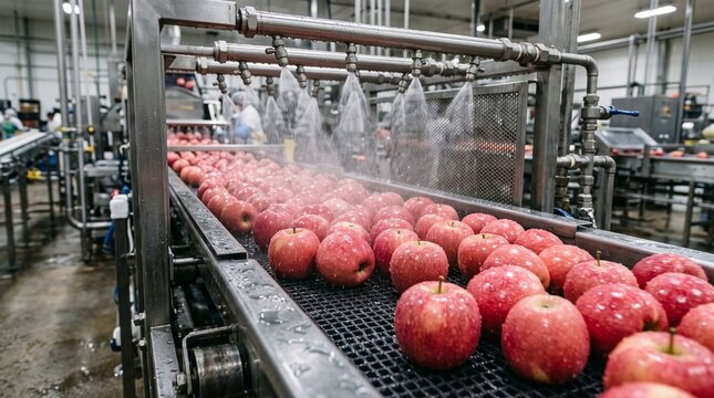 Industrial apple washing process with fresh red fruit on a conveyor belt in a production plant