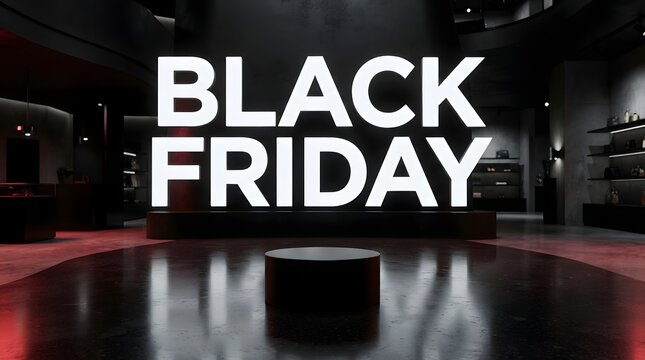 Black friday bold white text displayed on a large wall in a modern luxury retail store with a central product pedestal and dark ambient lighting