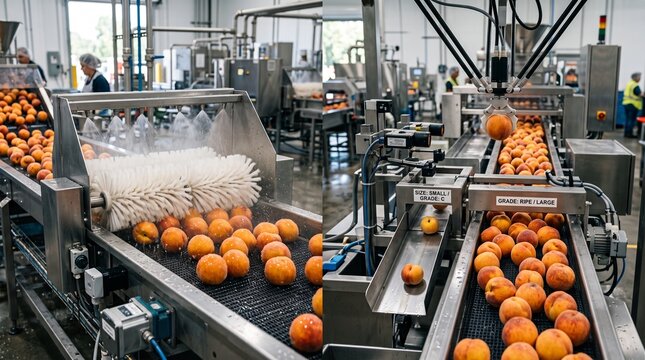 Automated Peach Sorting and Cleaning Process on an Industrial Production Line in a Fruit Processing Facility