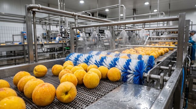 Automated fruit processing line with rotary brushes cleaning ripe peaches on a conveyor belt in a modern food production facility