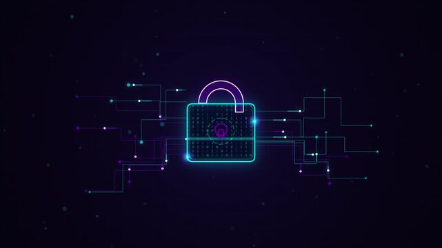 Digital padlock icon with binary data flow animation on dark cyber security background.