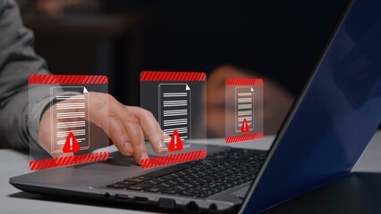 Cybersecurity, data protection. Document hack alert warning, , and online threats in modern communication systems  © Businesszon