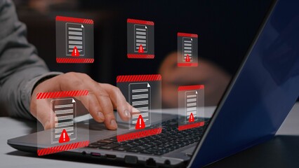 Cybersecurity, data protection. Document hack alert warning, , and online threats in modern communication systems  © Businesszon