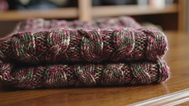 Stack of folded handmade knitted woolen sweaters on wooden table. Warm chunky knit pattern close up. Cozy winter knitwear fashion and crafting concept