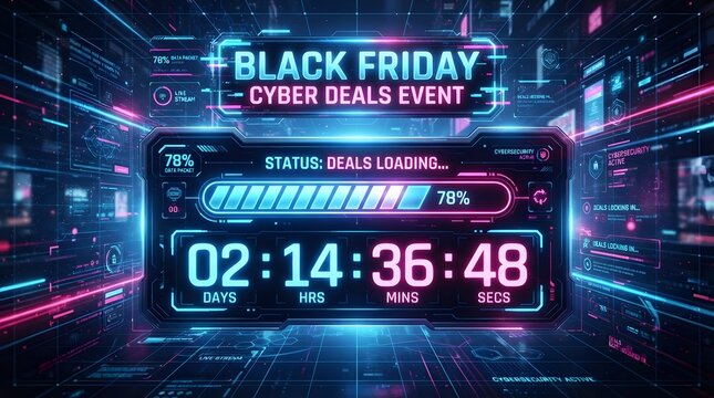 Black friday cyber deals event digital countdown timer with futuristic interface, data loading bar, and neon glow elements on a dark tech background