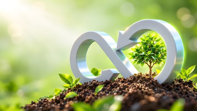 A silver infinity arrow symbol with a growing green tree on soil. Concept of circular economy and environmental sustainability.