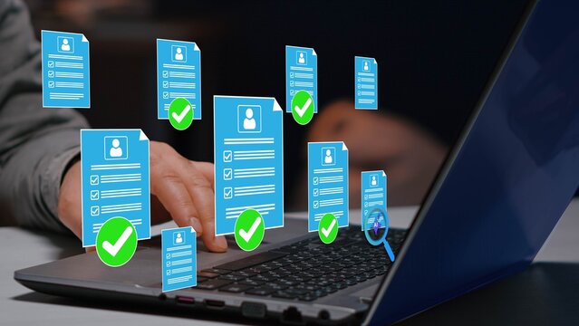  Employee approval process management. Digital documents with check marks verified staff records and online HR management.
