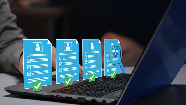 Employee approval process management. Digital documents with check marks verified staff records and online HR management.

