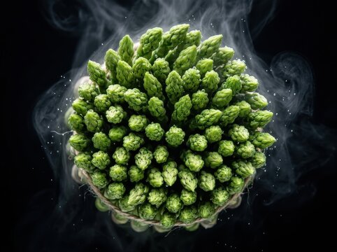Fresh green asparagus stalks bundled together with rising steam, spring harvest produce, healthy cooking and culinary food preparation