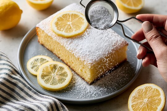 Hand sprinkling powdered sugar using sugar sifter spoon or adding lemon slices on cake, top view flat lay, minimal background