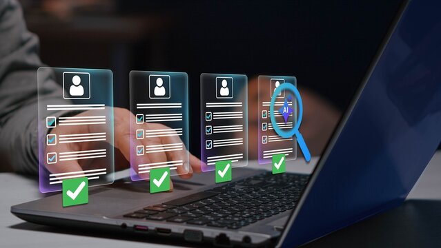 Employee approval process management. Digital documents with check marks verified staff records and online HR management.
