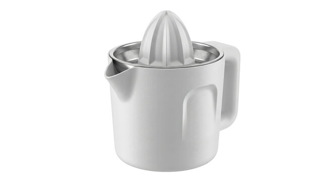 Modern white electric citrus juicer with a stainless steel filter and plastic reamer is isolated on a clean white background