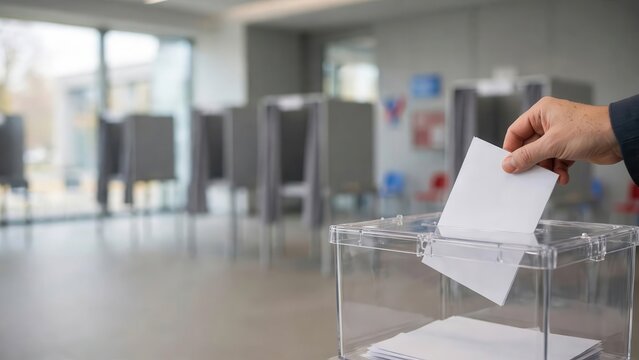 Democratic Participation. Voter casting a blank paper ballot into a transparent box, US House of Representatives elections 2026, civic engagement and political representation.
