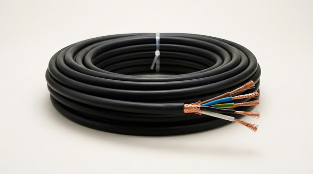 Coiled black electrical cable with exposed wiring on a white background
