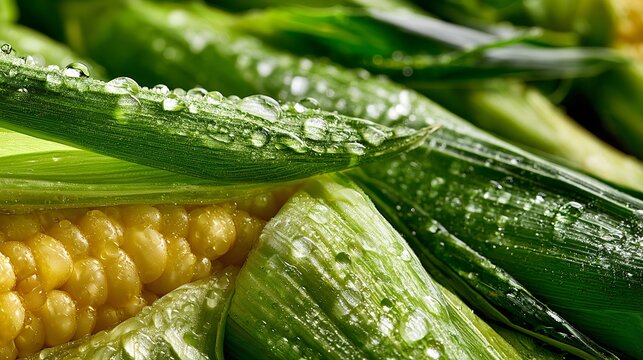 A macro corn harvest background featuring tiny droplets of morning dew resting along fresh green corn husks, golden kernels softly visible beneath a partially opened section