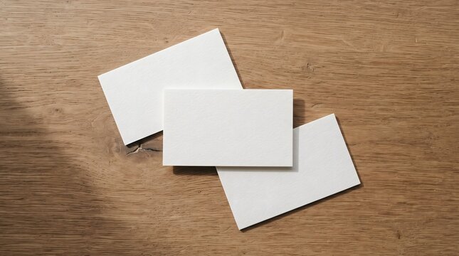 Business cards mockup lies on a textured wooden table surface with warm sunlight cast shadows.