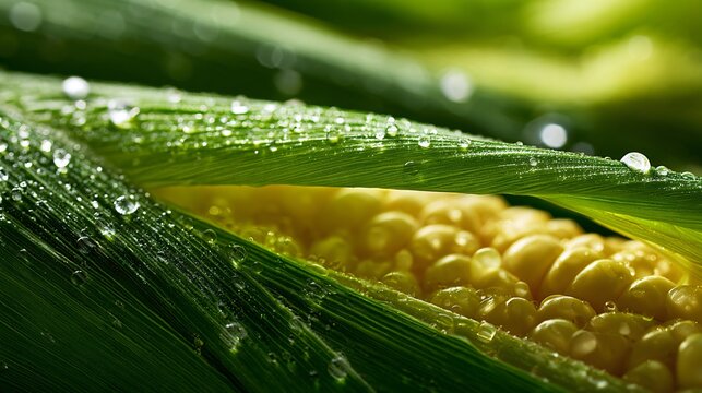 A macro corn harvest background featuring tiny droplets of morning dew resting along fresh green corn husks, golden kernels softly visible beneath a partially opened section