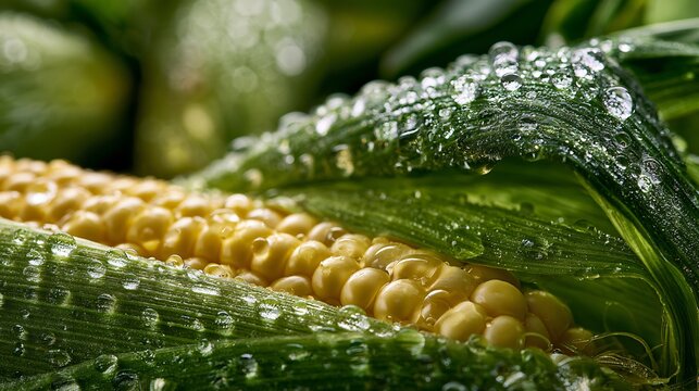 A macro corn harvest background featuring tiny droplets of morning dew resting along fresh green corn husks, golden kernels softly visible beneath a partially opened section