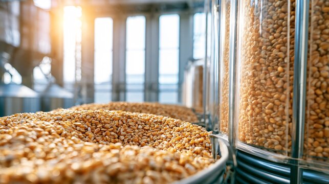 A modern corn harvest background showing large transparent storage containers filled with golden corn kernels inside a bright agricultural facility, sunlight passing through high windows