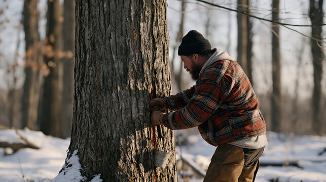 A maple syrup farmer taps a sugar maple tree in a snowy grove on national maple syrup day in December, collection bucket hanging from a spile in the bark, frost on the surrounding