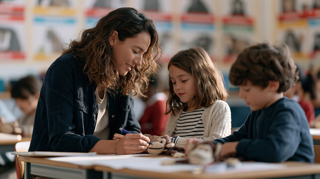 A schoolteacher leads a classroom primate craft activity on world monkey day in December, children assembling monkey sock puppets at clustered tables, colorful educational primate