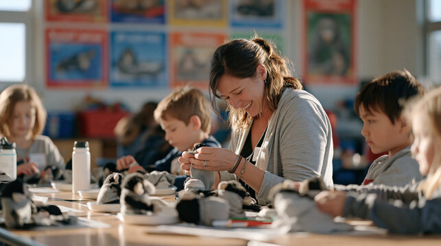 A schoolteacher leads a classroom primate craft activity on world monkey day in December, children assembling monkey sock puppets at clustered tables, colorful educational primate
