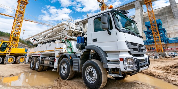 White concrete pump truck on muddy construction site with yellow cranes and blue sky, industrial.