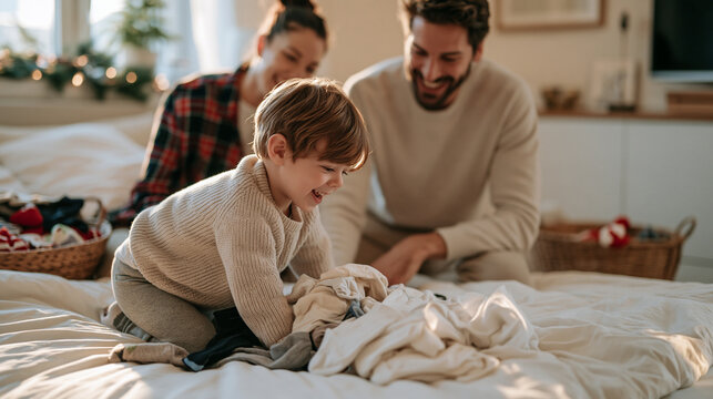 young child gleefully dumps a jumbled pile of mismatched socks onto a bed on national sock day, parents laughing as they help sort holiday-themed pairs into baskets, festive
