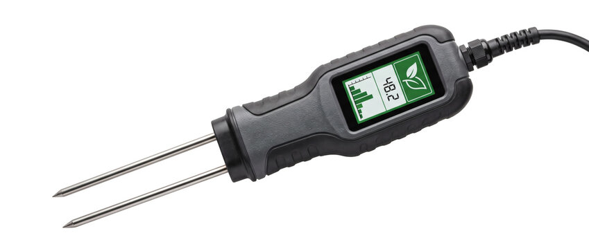 Digital electronic soil tester probe meter on transparent background, agricultural agronomy sensor device with dual stainless steel prongs and LCD screen. Precision hardware delivers monitoring.