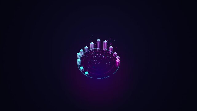Neon digital bar graph hud animation, futuristic financial data visualization, cyberpunk tech background, 3 d analytics interface