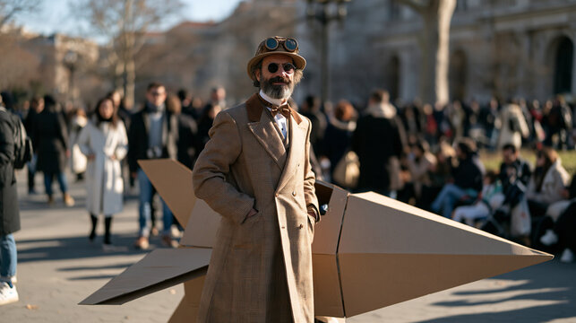 An eccentric man dressed in full Victorian explorer costume standing beside a cardboard spaceship in a busy city park pretending to be a time traveler on pretend to be a time