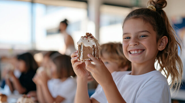 A classroom of elementary school children holding up their wonky hand-decorated gingerbread house creations on national gingerbread house day, school holiday activity, children